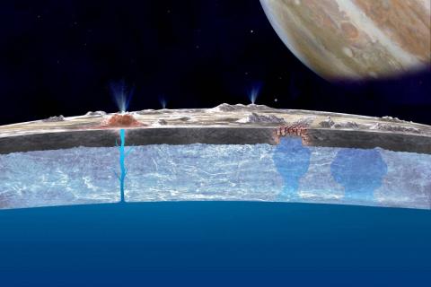 Ilustración del gran océano de Europa y su gélida corteza. / NASA/JPL-Caltech